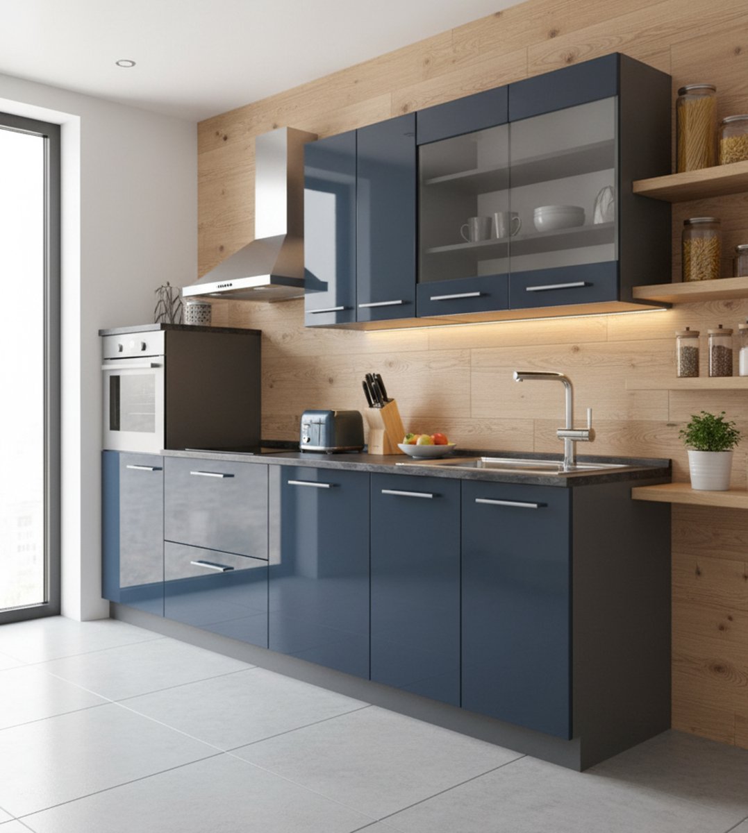 Singlekeuken 140 cm, donkerblauw hoogglans/antraciet, MDF fronten, soft-close laden, modulair keukenblok zonder werkblad, 46D x 140B x 81,6H cm – Novihome