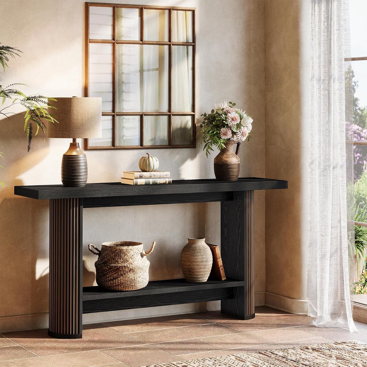 Tribesigns Consoletafe - Moderne Houten Sidetablemet 2 Planken - Zwart - 140 x 30 x 80 cm - Console Tafel voor Hal, Woonkamer, Entree