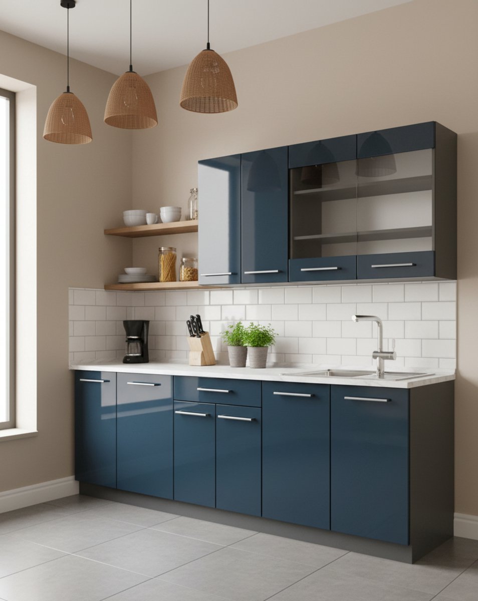 Singlekeuken 140 cm, donkerblauw hoogglans/antraciet met AP marmer werkblad, soft-close, verstelbare modules, keukenblok inclusief werkblad 60 x 140 x 81,6 cm – Novihome