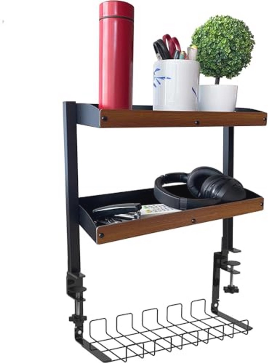 Klem Bureau Organizer Plank met Kabelbeheer - 2 Laags Uitschuifbare Desk Extensie en Aanpasbare Opslag