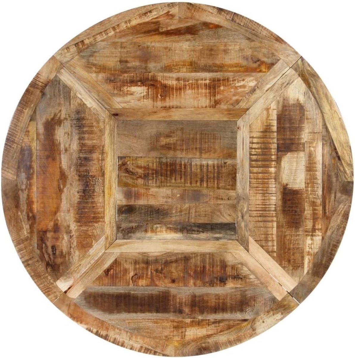 Industriële Ronde Eettafel van Massief Mangohout – 150 cm – Robuuste Eettafel met Zwart Metalen Frame – Vintage Design Keukentafel – Handgemaakt en Uniek – Houten Eettafel voor 4-6 Personen NoviHome