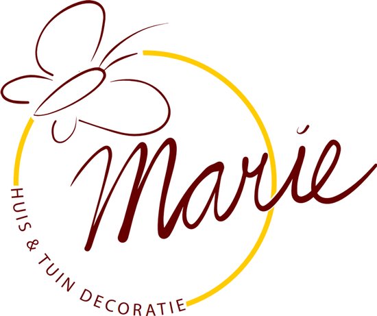 Logo avec un papillon et le texte 'Marie Huis & Tuin Decoratie' en lettres cursives.