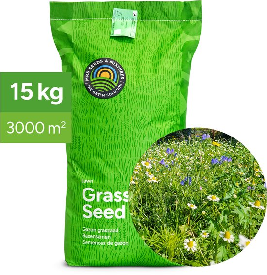 Mélange de semences de gazon et de fleurs MRS - 15 kg pour 3 000 m² - 80 % de semences de gazon, 20 % de fleurs - avec 29 variétés de fleurs basses - Attire les abeilles et les papillons - Pelouse fleurie colorée