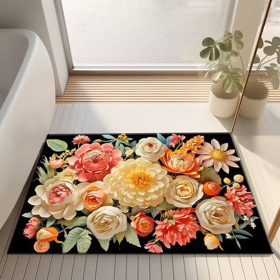 Badmat Antislip Absorberende Badkamermat Diatomeeënaarde Microvezel Badmat Zacht Sneldrogend 50 x 80 cm Kleurrijke bloemen