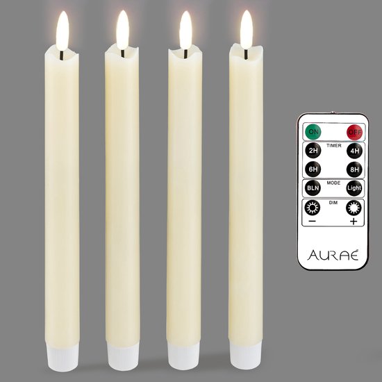 Aurae Led Kaarsen met Afstandsbediening 4x - Dinerkaarsen - 250+ Branduren - op Batterijen - Flikkerende Vlam - Timer - Kerst Kaarsen