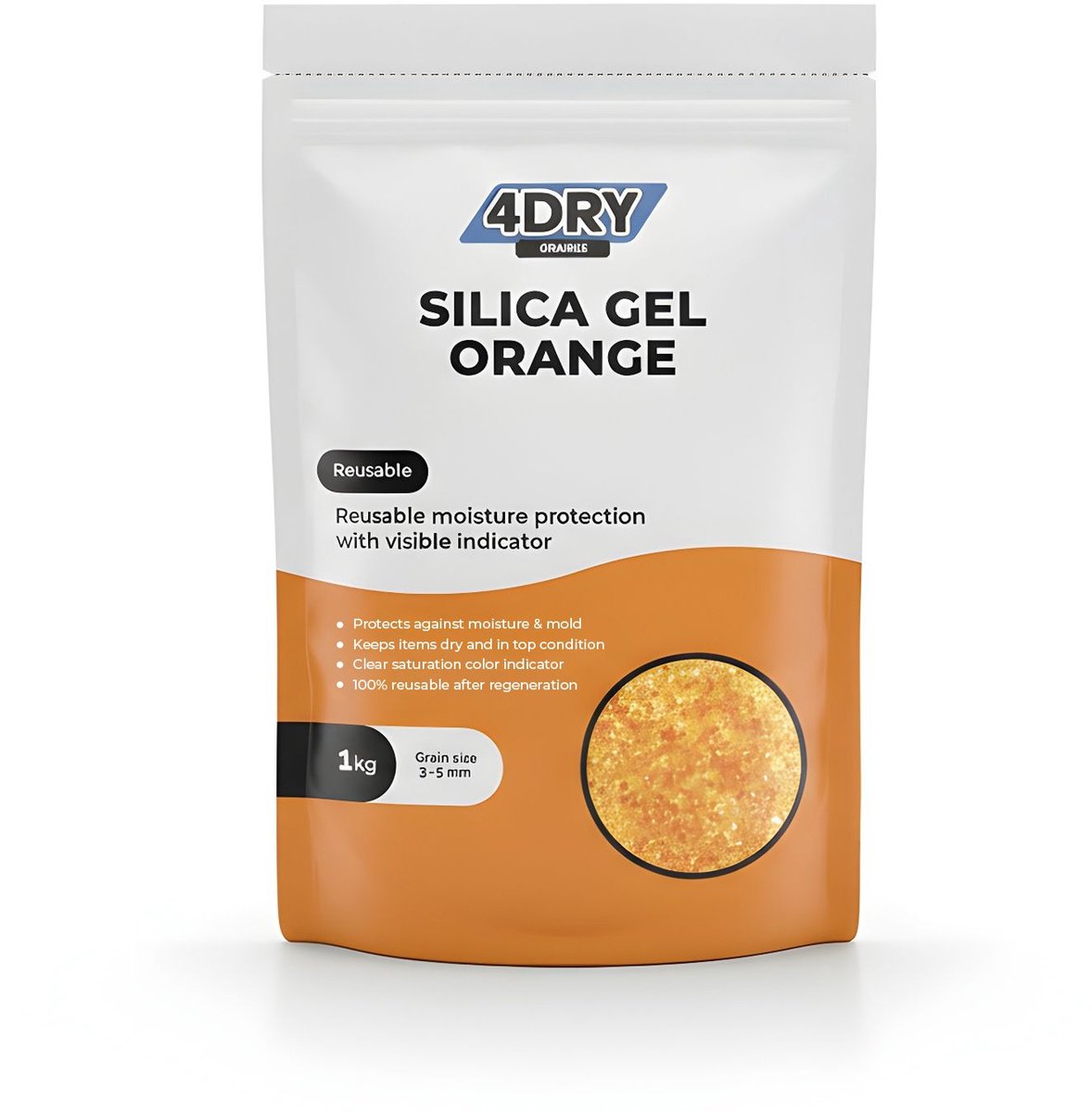 4DRY Orange Silica Gel | 1 kg | Hersluitbare zak | Silica Gel voor filamenten, elektronica, luchtfiltratie etc | Oranje 3 - 5 mm | Met indicator en herbruikbaar — afbeelding 1