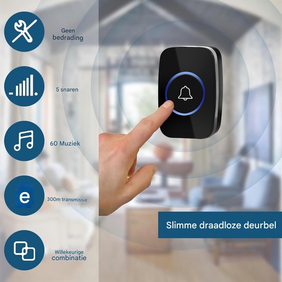 Draadloze deurbelset zwart IP44 waterbestendig, groot bereik en instelbaar volume, eenvoudig te installeren voor binnen, voordeur en tuin — afbeelding 5
