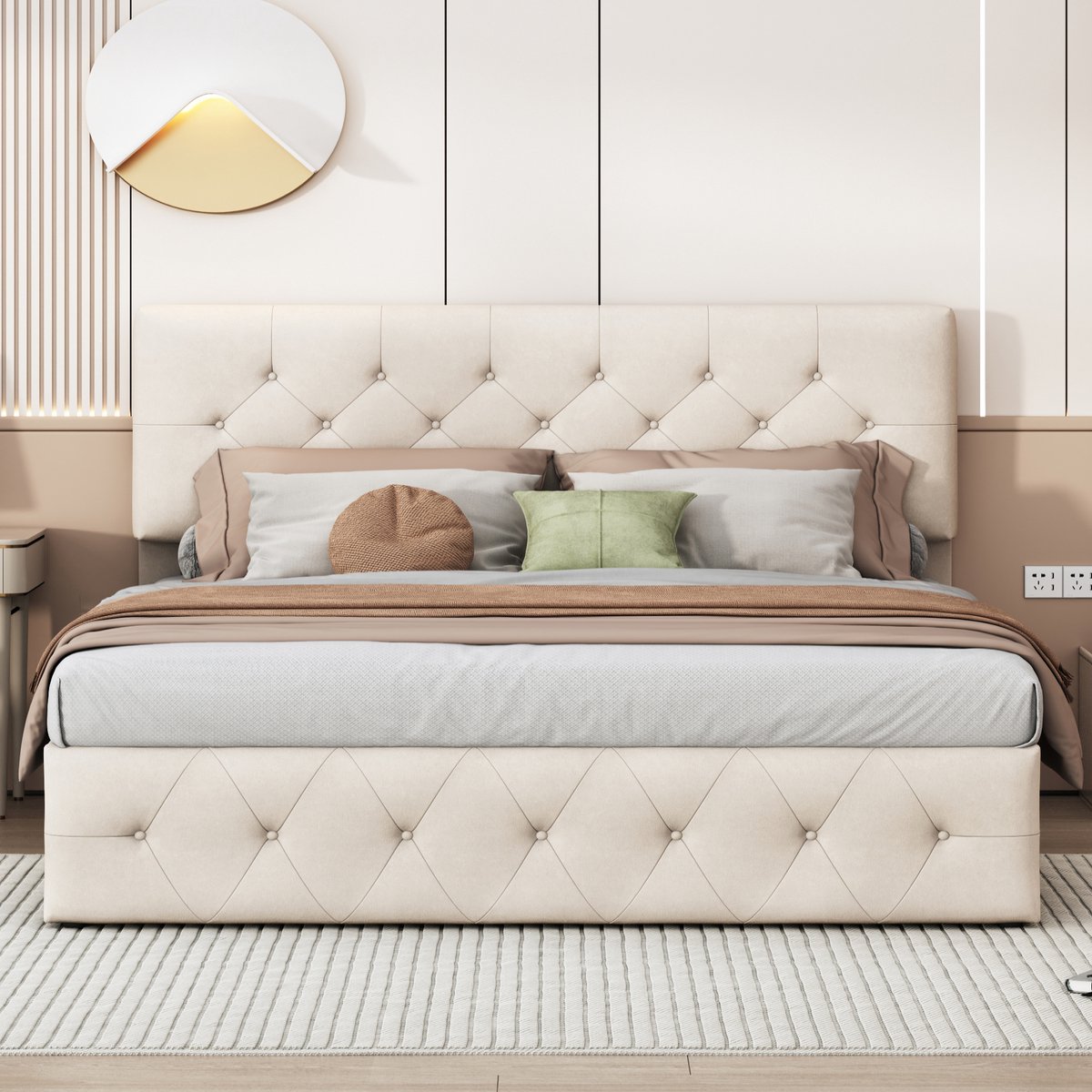 Beige Fluwelen Hydraulisch Bed 160x200 cm – Tweepersoons Opbergbed met Verstelbaar Hoofdeinde thumbnail 8