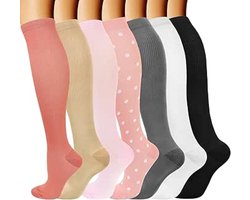 7 Paar - Compressie sokken - Compressie kousen - Steunkousen Vrouwen en Mannen - Vliegtuig sokken - Sokken tot halverwege de kuit - Hardloopsokken - Sportsokken - Steunkousen reis - Voor Hardlopen, Wandelen, Vliegtuig - Maat 38-42