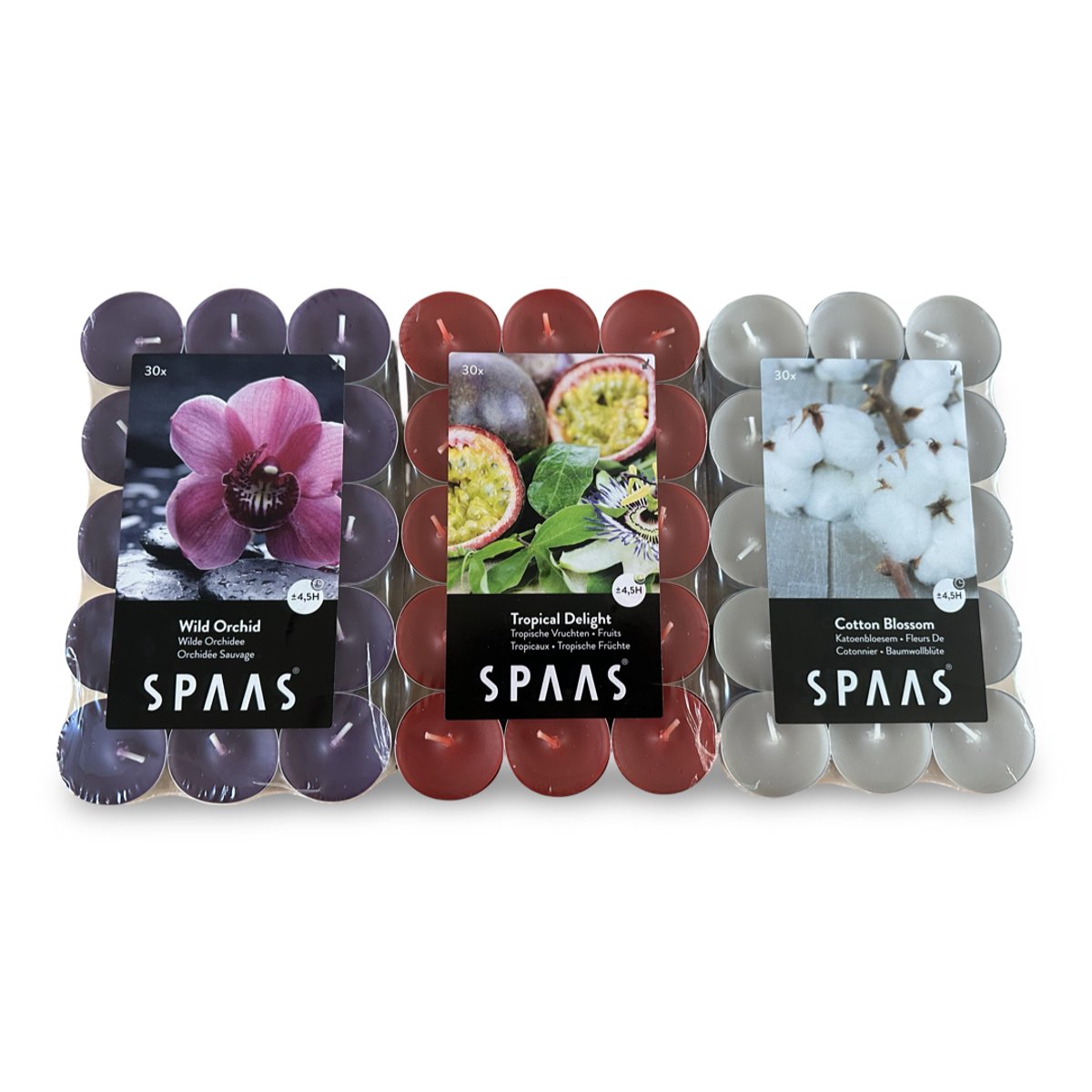 SPAAS Geurtheelichtjes/waxinelichtjes - Assortiment - Sfeerpakket - 90 stuks - 4,5 branduren - 3x 30 geurkaarsen assorti voordeelpack 90 stuks