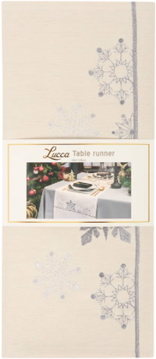 Kerst Geborduurde Tafelloper - Lucca | 40 x 140 cm - Crème en Zilver | Winter - 100% Polyester
