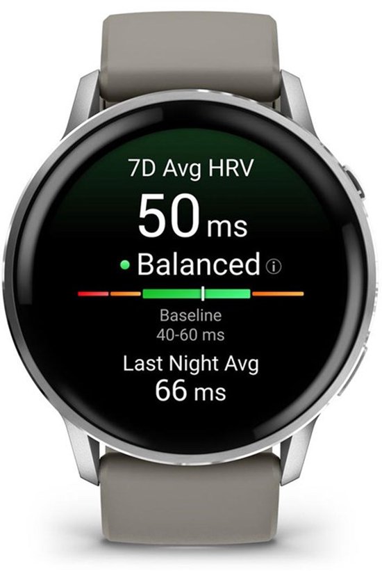 Zilverkleurig Garmin Venu 4 smartwatch met grijs bandje, scherm toont 7D Avg HRV 50 ms.