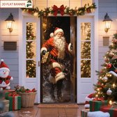 Kerstman stapt door de deur met cadeau