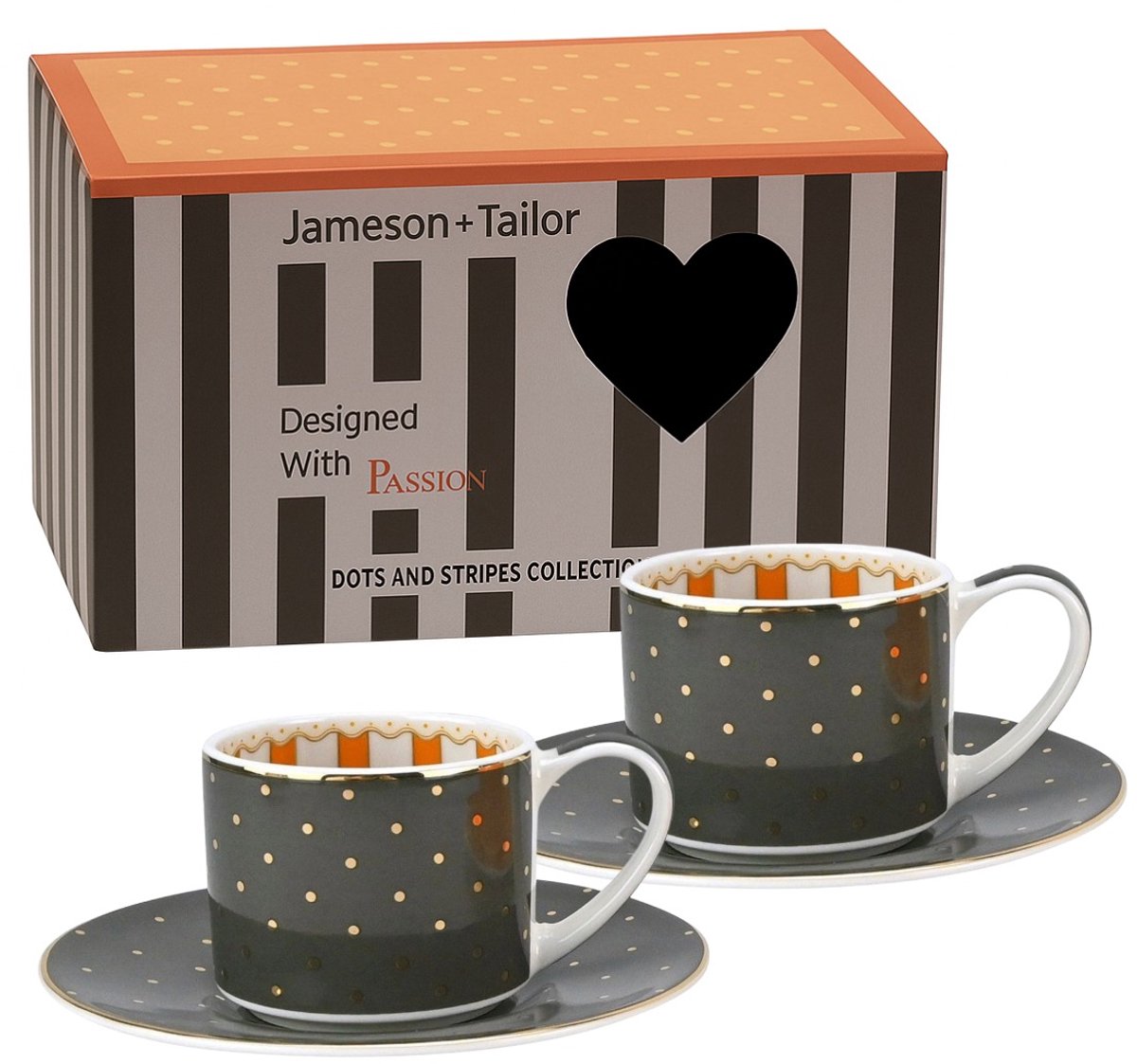 2x Stijlvol Koffie / Thee Kopjes met Schotel 90ml – Grijs met Gouden Stippen – Luxe Cadeau – Perfect voor Espresso & Cappuccino