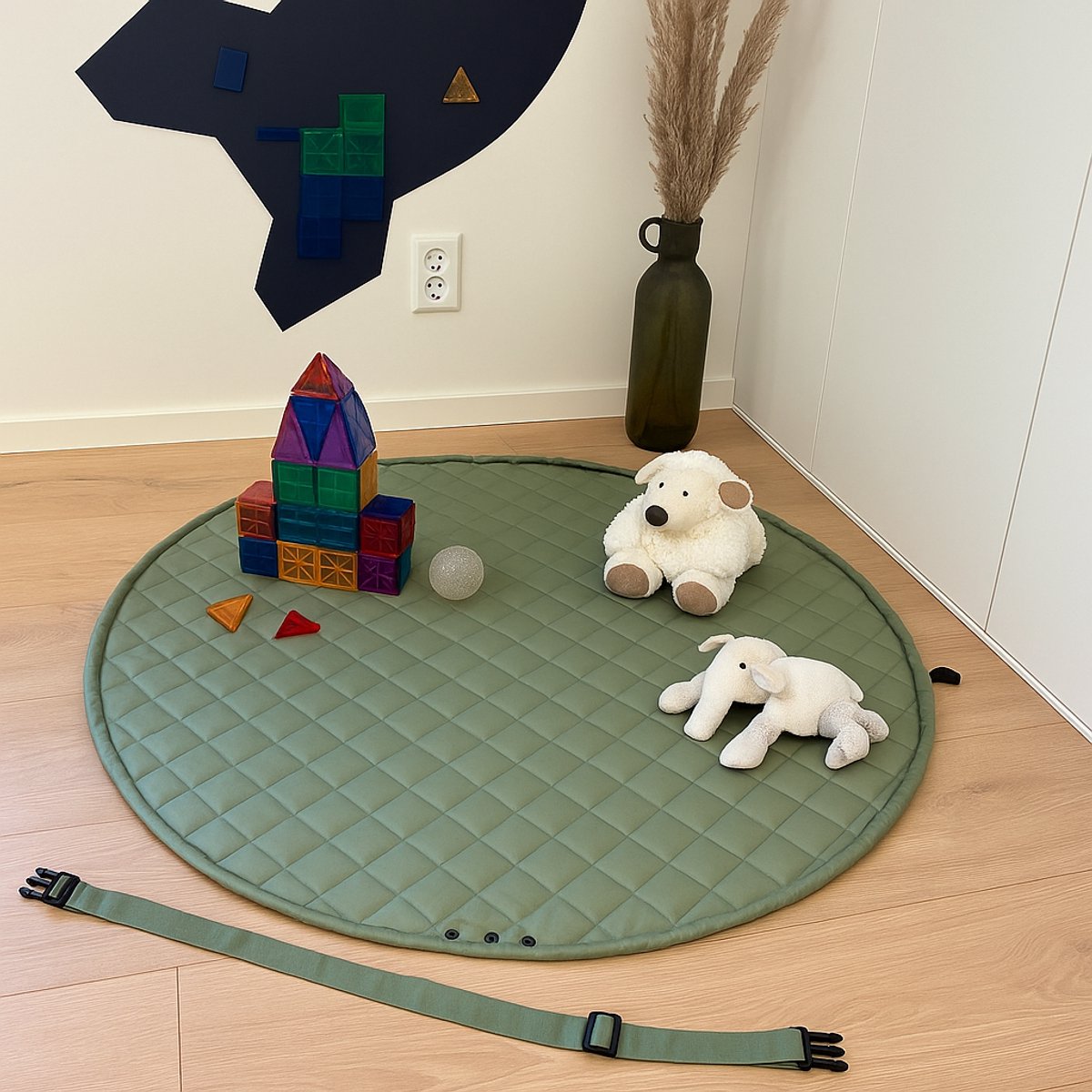 Ronde Baby draagbare Speelmat & Opruimzak 2-in-1 – Zacht Gewatteerd Speelkleed met trekkoord – Groen - Ø 130 cm