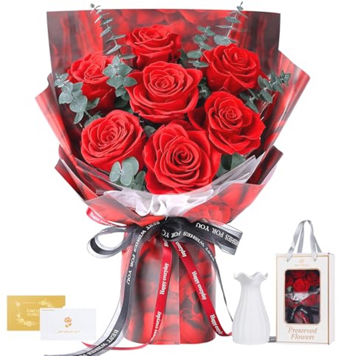 Boeket met 7 rozen en vaas voor elke gelegenheid: een uniek cadeau voor haar