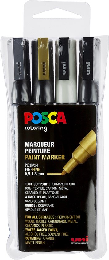 Posca verfstiften set met 4 gouden, zwarte, witte en zilveren stiften.