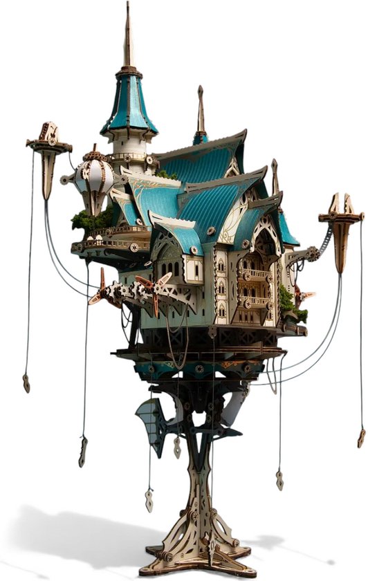 HowCat Fantasy Steam Castle (Blauw) – 3D Houten Puzzel Steampunk Kasteel met LED Verlichting – 863 Stuks – DIY Modelbouwpakket – Houten Bouwpakket – Houten Kasteel – Decoratief & Educatief – Kerst Sinterklaas Cadeau voor Kinderen en Volwassenen