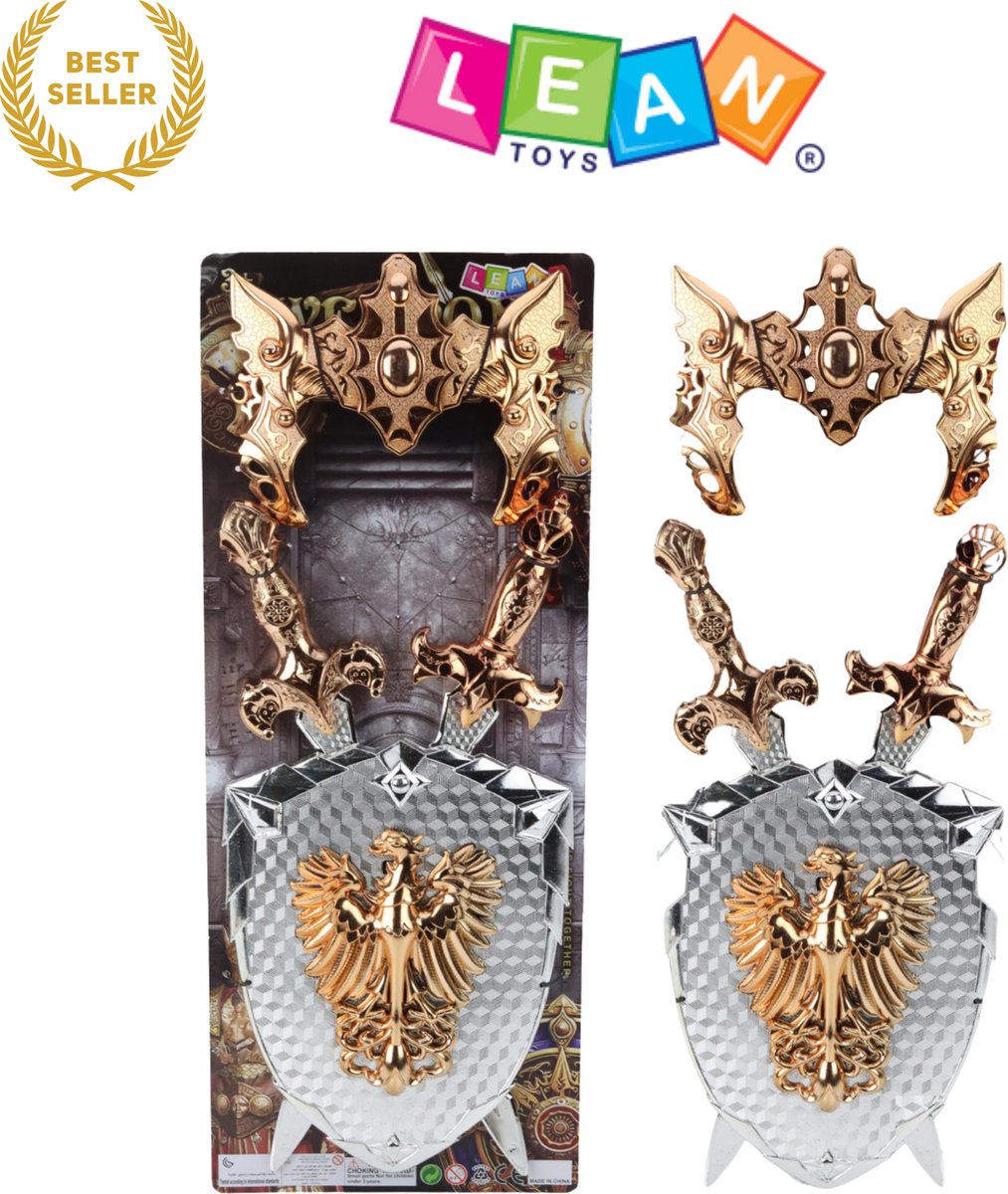 Knight Set Shield Two Swords Mask – Ridder Speelgoed met 2 Zwaarden, Schild & Masker – Zilverkleurige & Gouden Adelaar Decoratie – Duurzaam Kunststof Ridderuitrusting – Voor Kinderen vanaf 3 Jaar – Stimuleert Fantasie & Rollenspel – Met Ebook