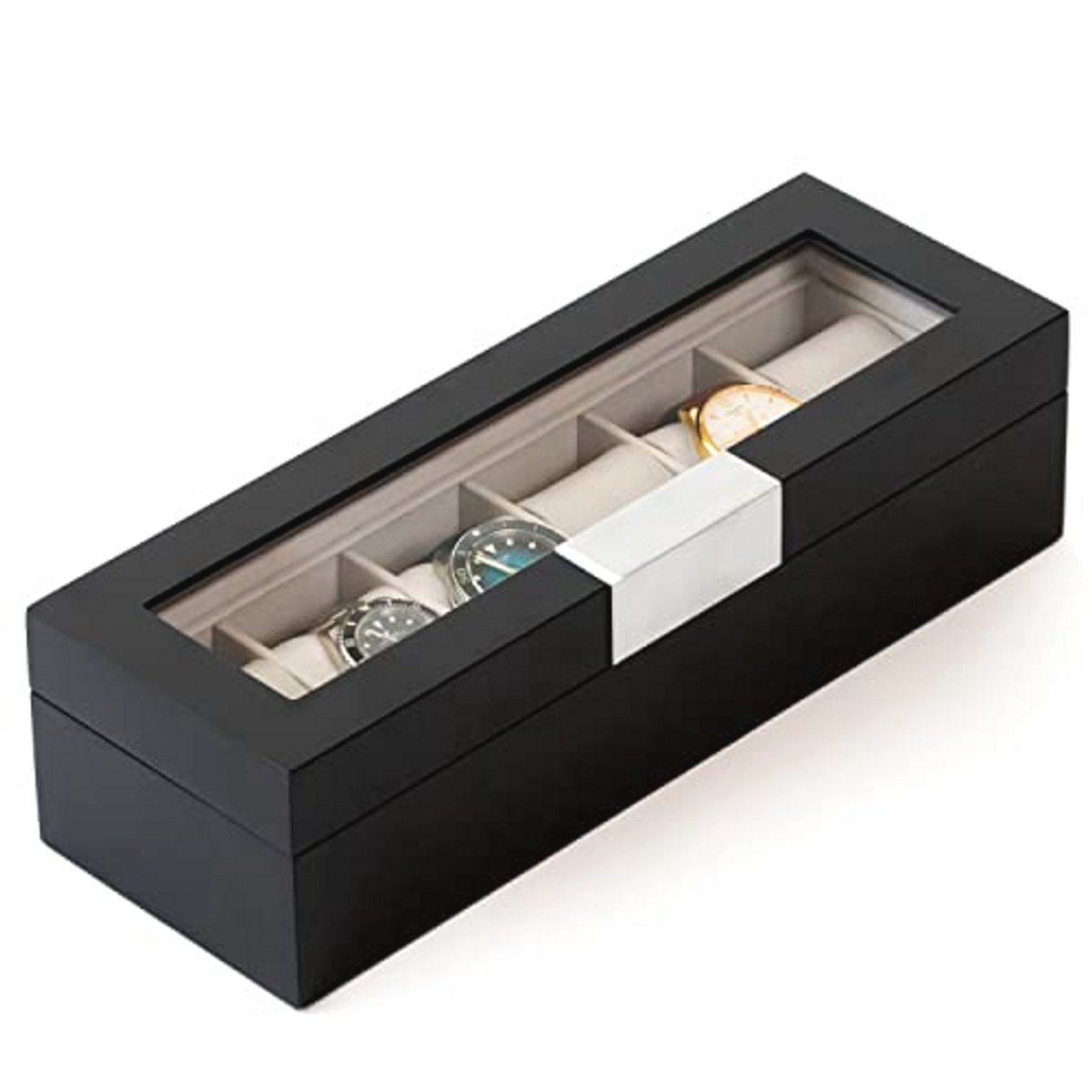 Moderne houten horlogedoos met glazen deksel en metalen clip - Slanke organizer voor horlogecollectie