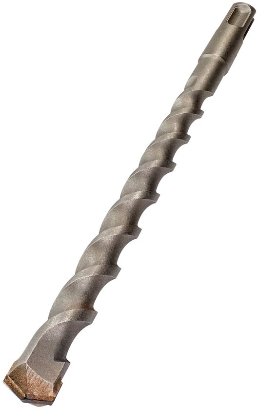 Een metalen SDS-Plus boor met spiraalvormige groeven en vierkante punt.