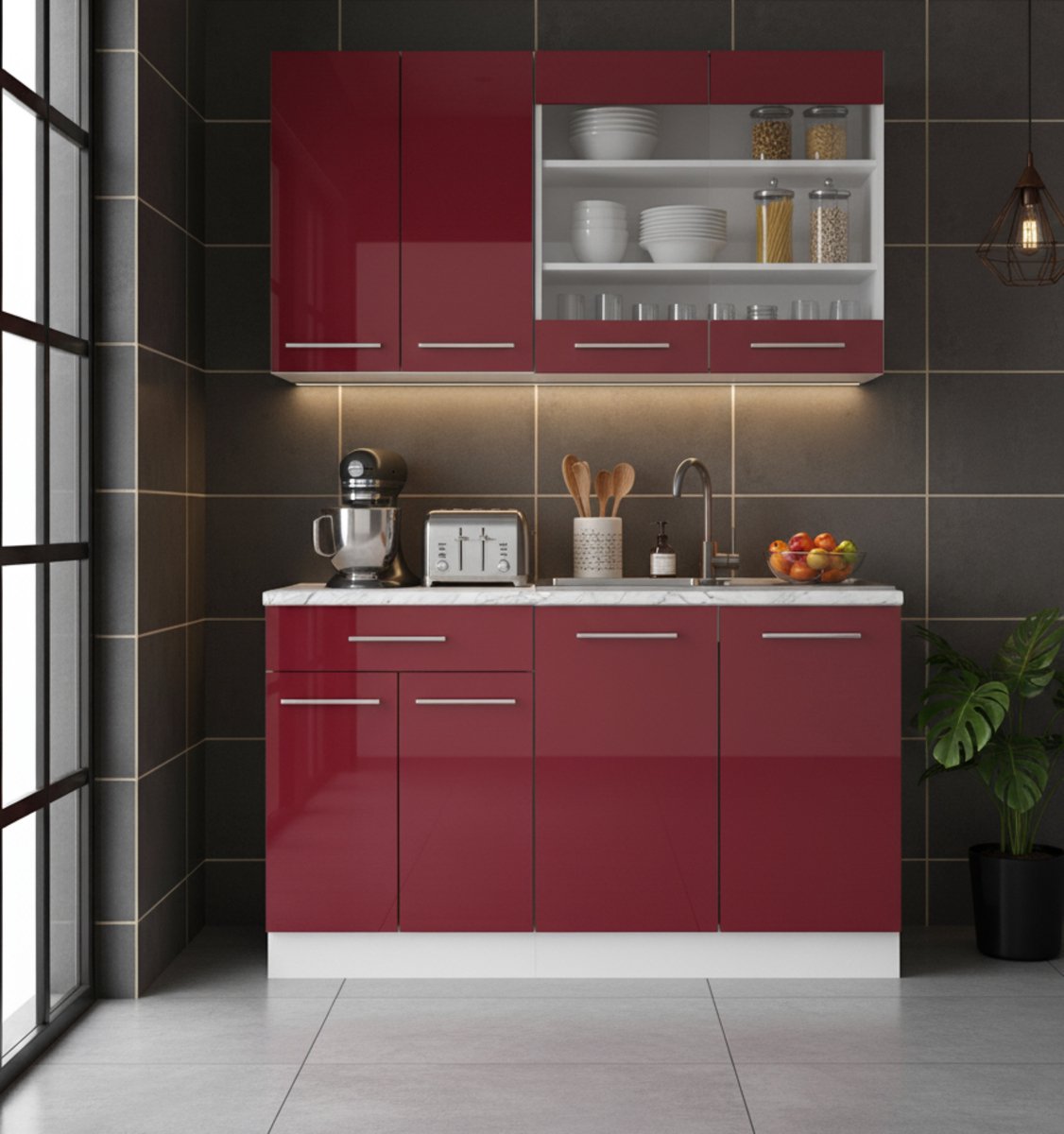 Keukenblok 140x52x82 cm Bordeaux Hoogglans/Wit – Compacte Eenpersoonskeuken met Soft-Close Lades & Opbergruimte – Moderne Mini Keuken Zonder Werkblad – Novihome