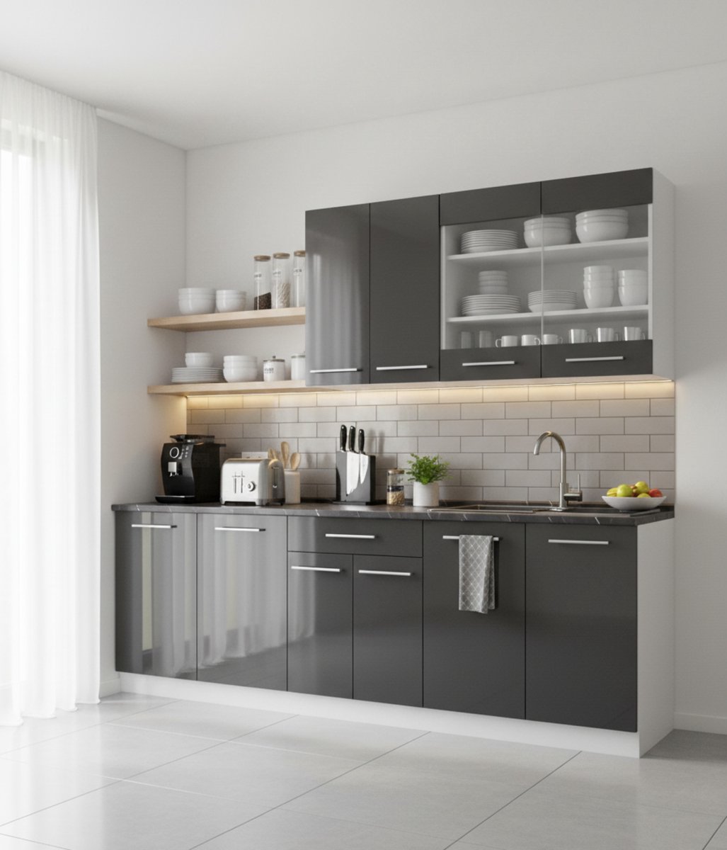Keukenblok 140x82x60 cm – Moderne Eenpersoonskeuken met Werkblad – Antraciet Hoogglans/Wit – Softclose Scharnieren, MDF Fronten, Metalen Handgrepen – Compacte Kitchenette voor Kleine Ruimtes – Novihome