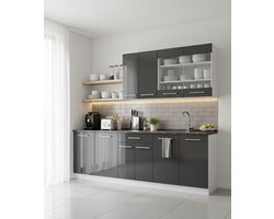Keukenblok 140x82x60 cm – Moderne Eenpersoonskeuken met Werkblad – Antraciet Hoogglans/Wit – Softclose Scharnieren, MDF Fronten, Metalen Handgrepen – Compacte Kitchenette voor Kleine Ruimtes – Novihome