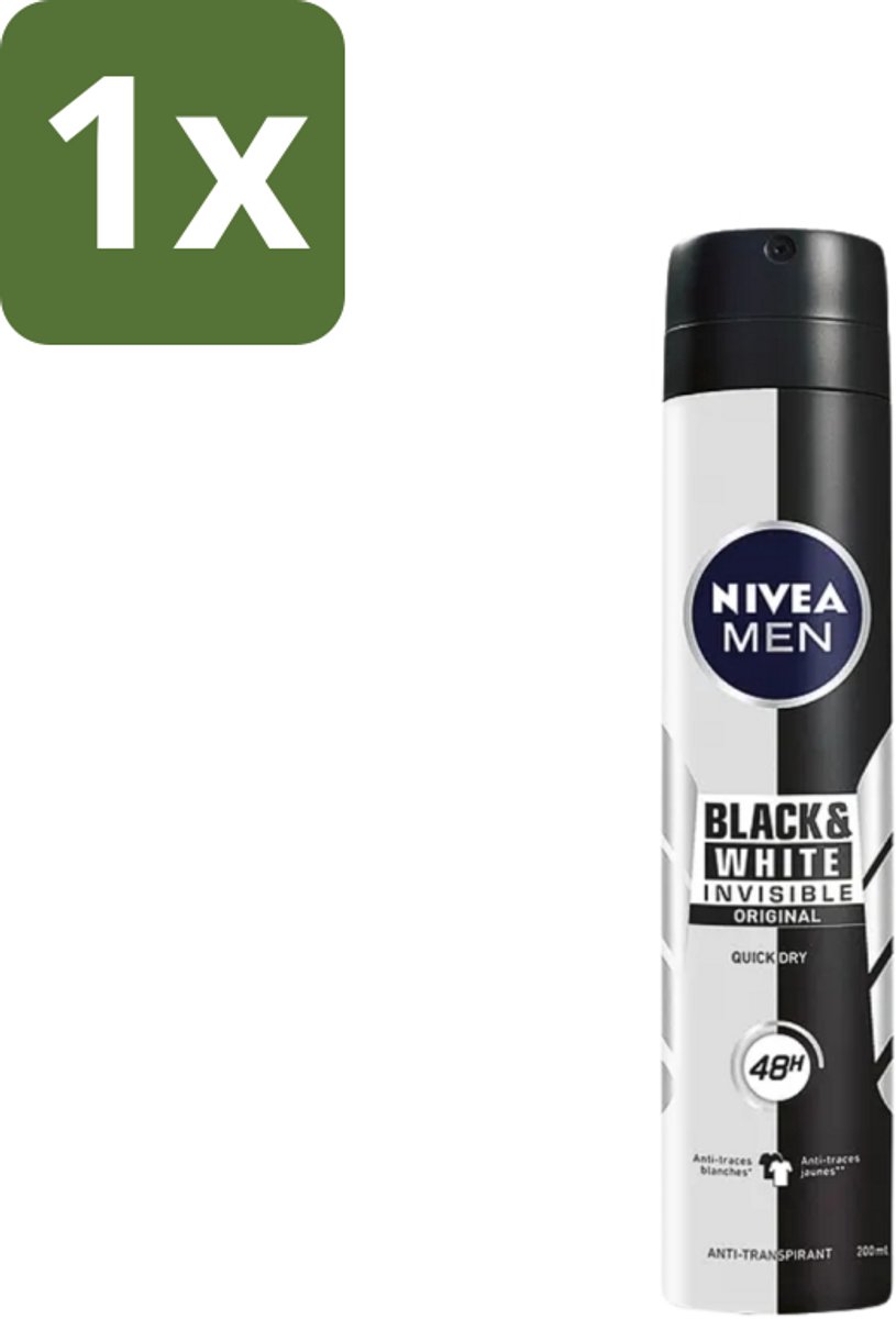 1 x Nivea - Men - Deodorant - Spray - Black & White Invisible Original - 150 ml - Deodorant Spray - Anti-transpirant - 48 Uur Bescherming - Anti-vlek - Zwart En Wit