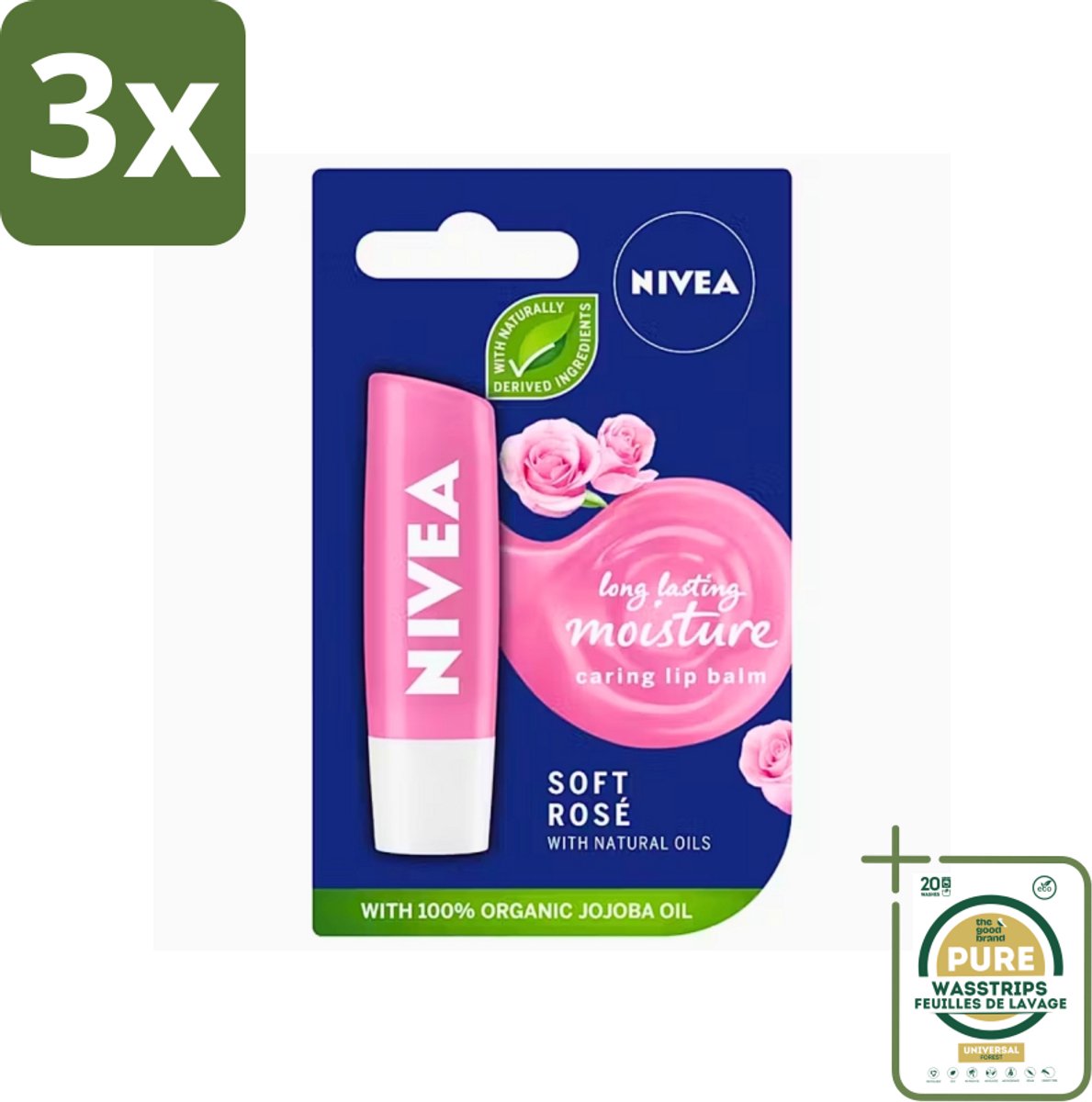 3 x Nivea - Lippenbalsem - Soft Rose - Natuurlijke Olie - 5,5 g - Grootverpakking - Lippenbalsem - Hydratatie - Zachte Lippen - Natuurlijke Oliën - Roze Glans