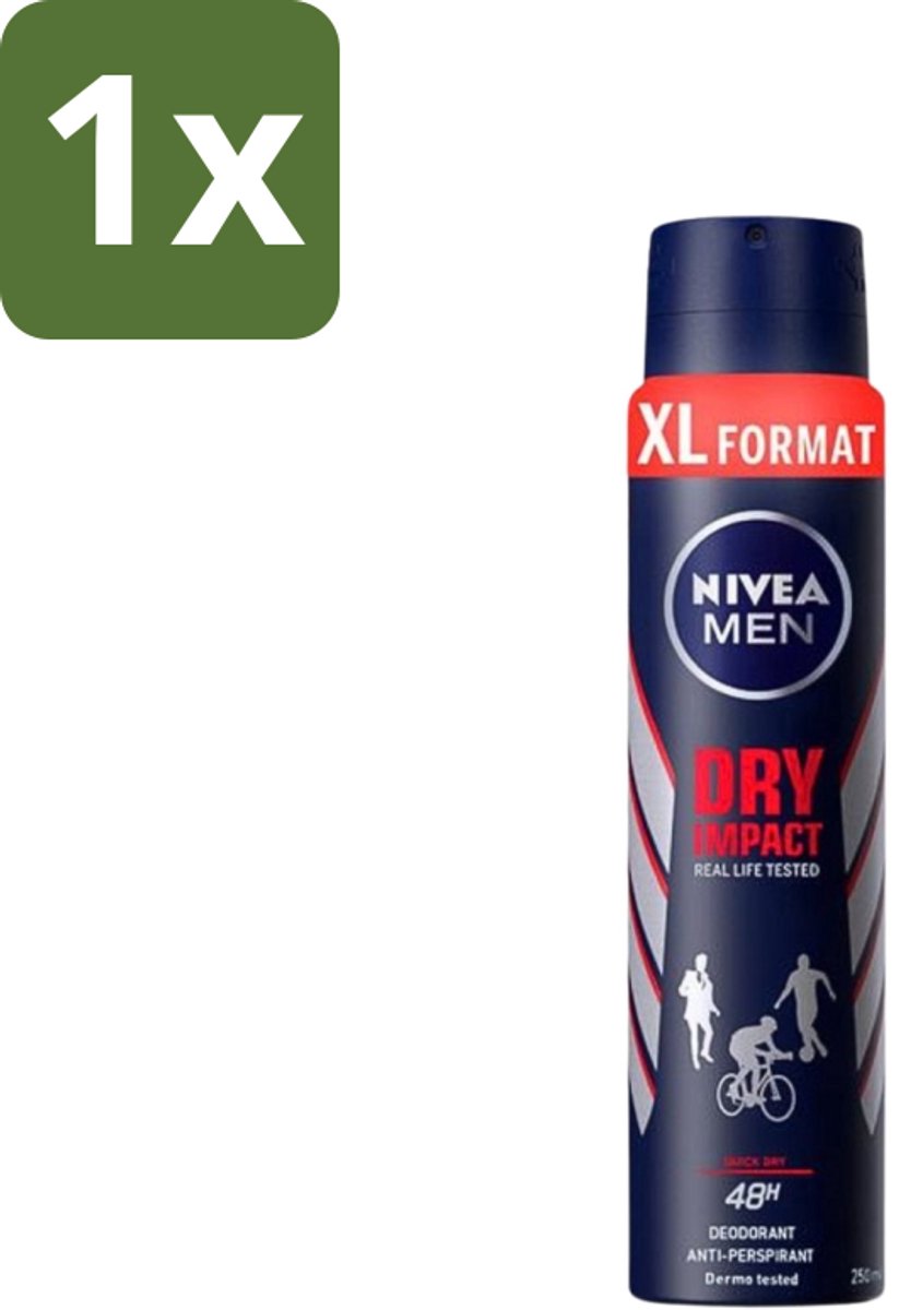 1 x Nivea - Deospray - Men - Dry Impact - 48 Uur Lang Werkend - 250 ml - Anti-transpirant - Deospray - Zweetbestendig - Droog Gevoel - 48 Uur Bescherming