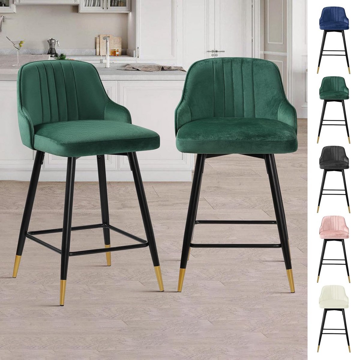 Set van 2 Groene Fluweel Barstoelen 65 cm Draaibaar met Armleuningen en Rugleuning