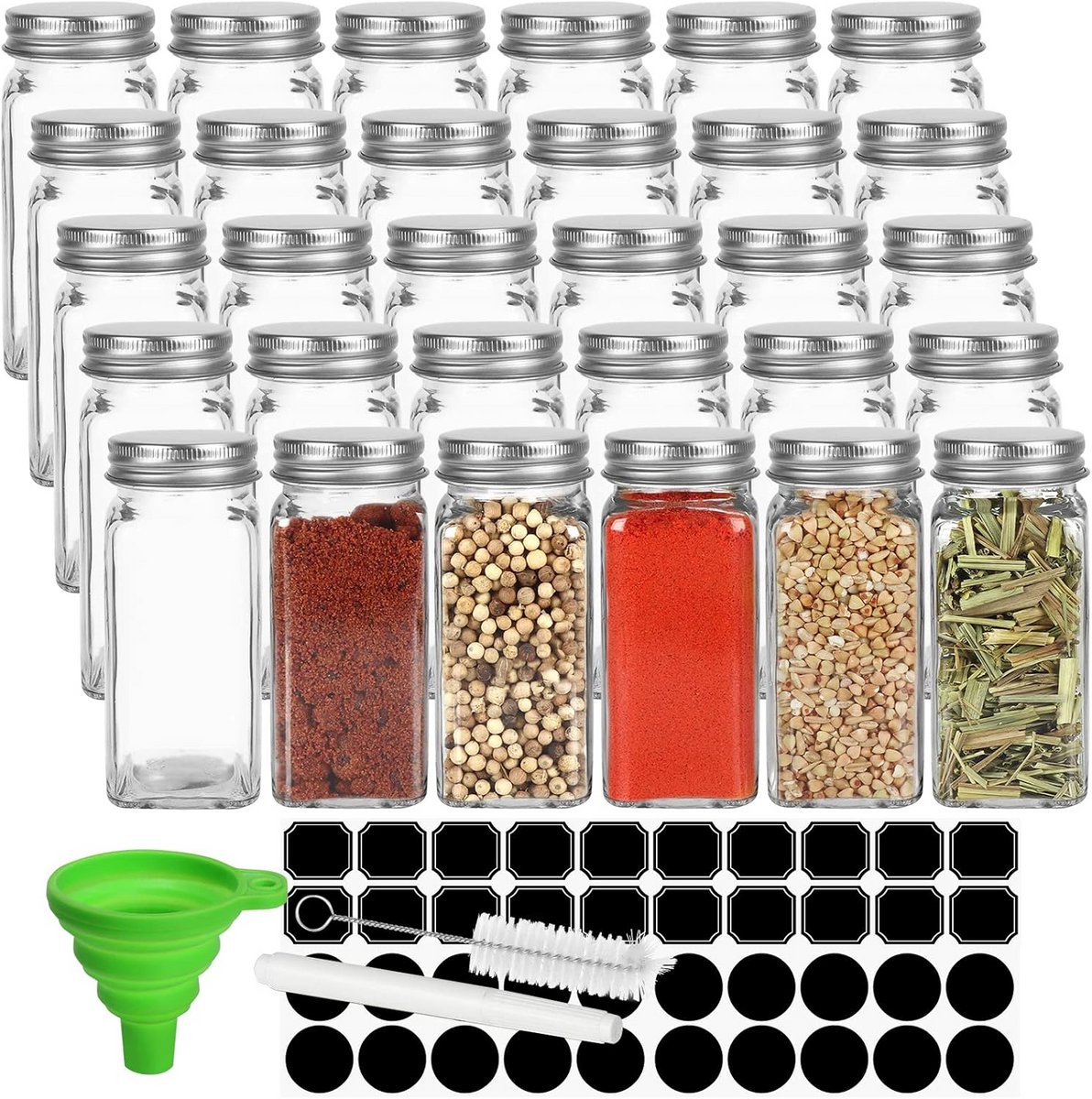 Set van 30 Glazen Kruidenpotjes met Etiketten en Zilveren Doppen