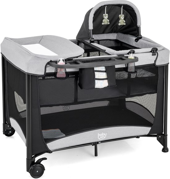 COSTWAY 5 in 1 Draagbare Kinderkamer Centrum, Opvouwbare Baby Speelbox met Wieg, Wieg & Luier Verschoon Tafel, Baby Pak en Speel met Verwijderbare Matras, Opbergmand, Speelgoed, 2 Afsluitbare Wielen, Draagtas