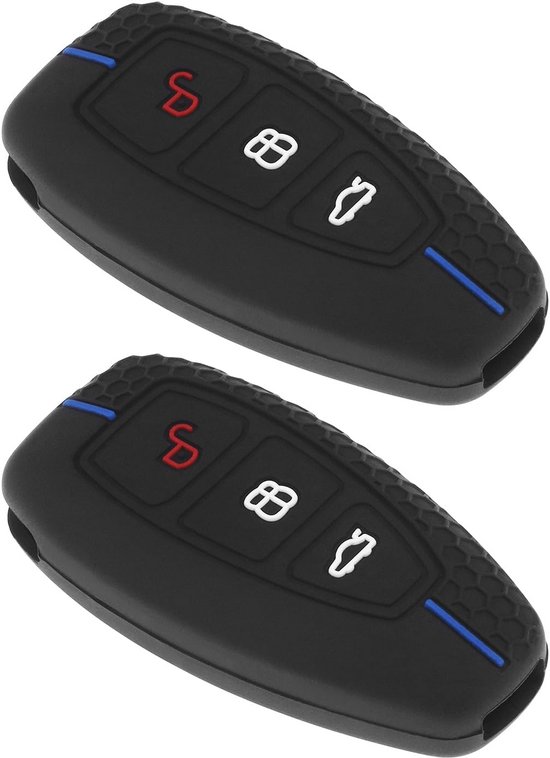 Be In Your Mind 2 Stuks Siliconen Autosleutelhoezen – 3 Knoppen – Zwart Met Blauwe Streep – Compatibel Met Ford Focus MK2/MK3/MK4