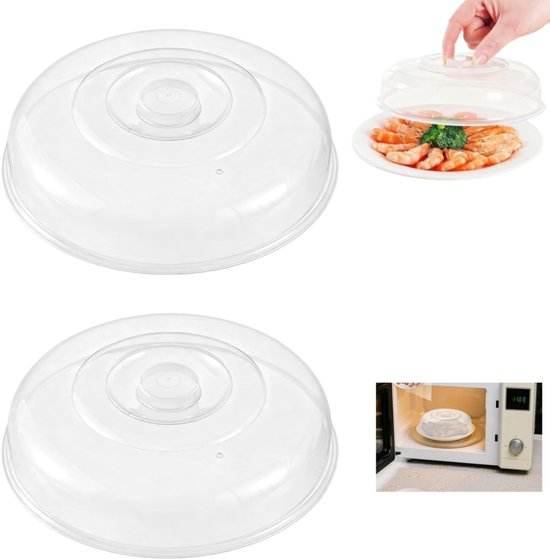Twee doorzichtige plastic deksels, één op een bord met garnalen, de ander in een magnetron.