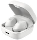 Witte Sennheiser oordopjes in een open wit laadstation.