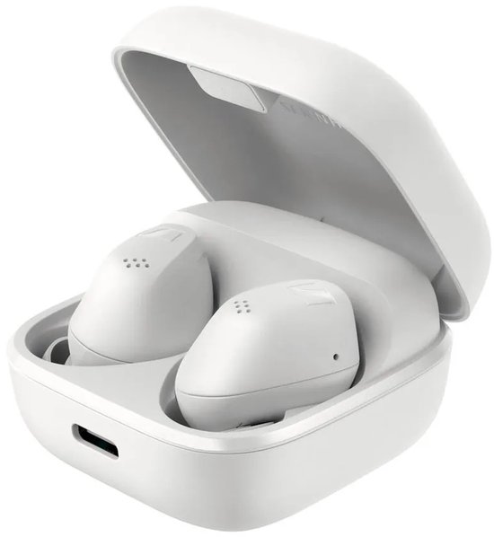 Witte Sennheiser oordopjes in een open wit laadstation.