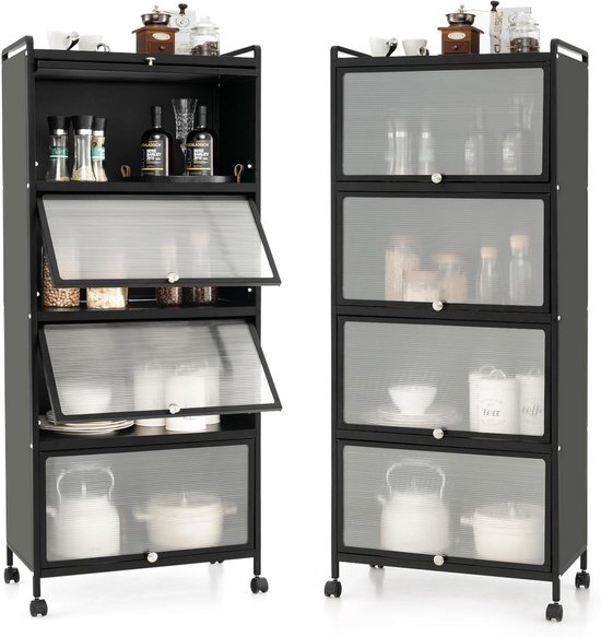 GOPLUS Kitchen Rack on Wheels, 5 Tier Kitchen Cabinet, Storage Rack with Door, Metal Standing Rack for Living Room, Kitchen, Dining Room, 60 x 32 x