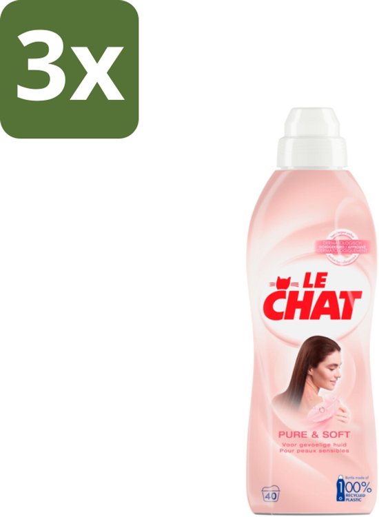 3 x Le Chat Wasverzachter Pure & Soft 40 Wasbeurten 880 ml - Wasverzachter - Hypoallergen - Huidvriendelijk - Wasgoed Verzachter - Babykleding