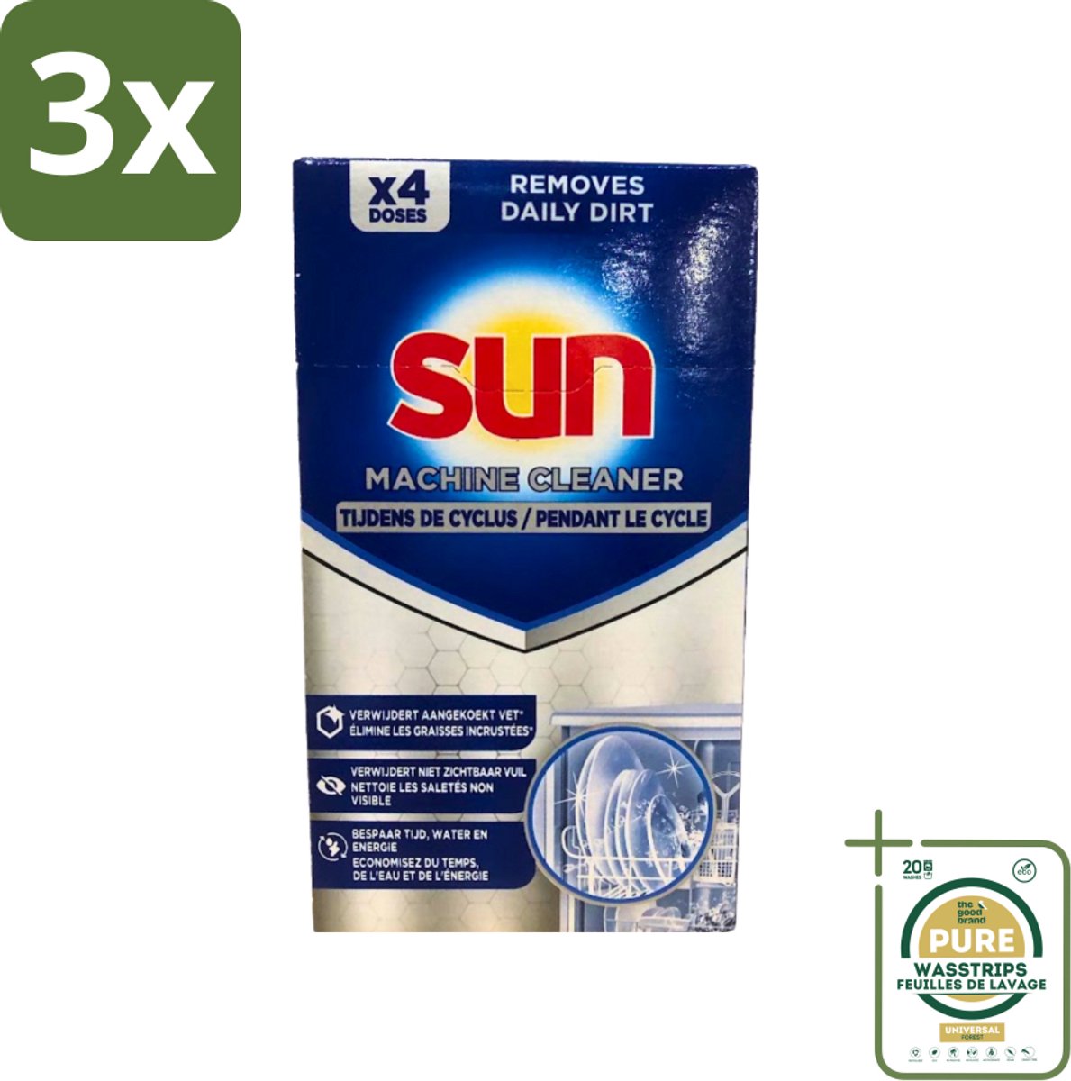 3 x Sun - Machine Cleaner - In-Wash - Vaatwasmachinereiniger - 4 Wasbeurten - Grootverpakking - Vaatwasmachine Reiniger - Vaatwasmachine Ontkalken - Vaatwasmachine Ontvetten - Vaatwasmachine Reinigen - Vaatwasmachine Hygiëne