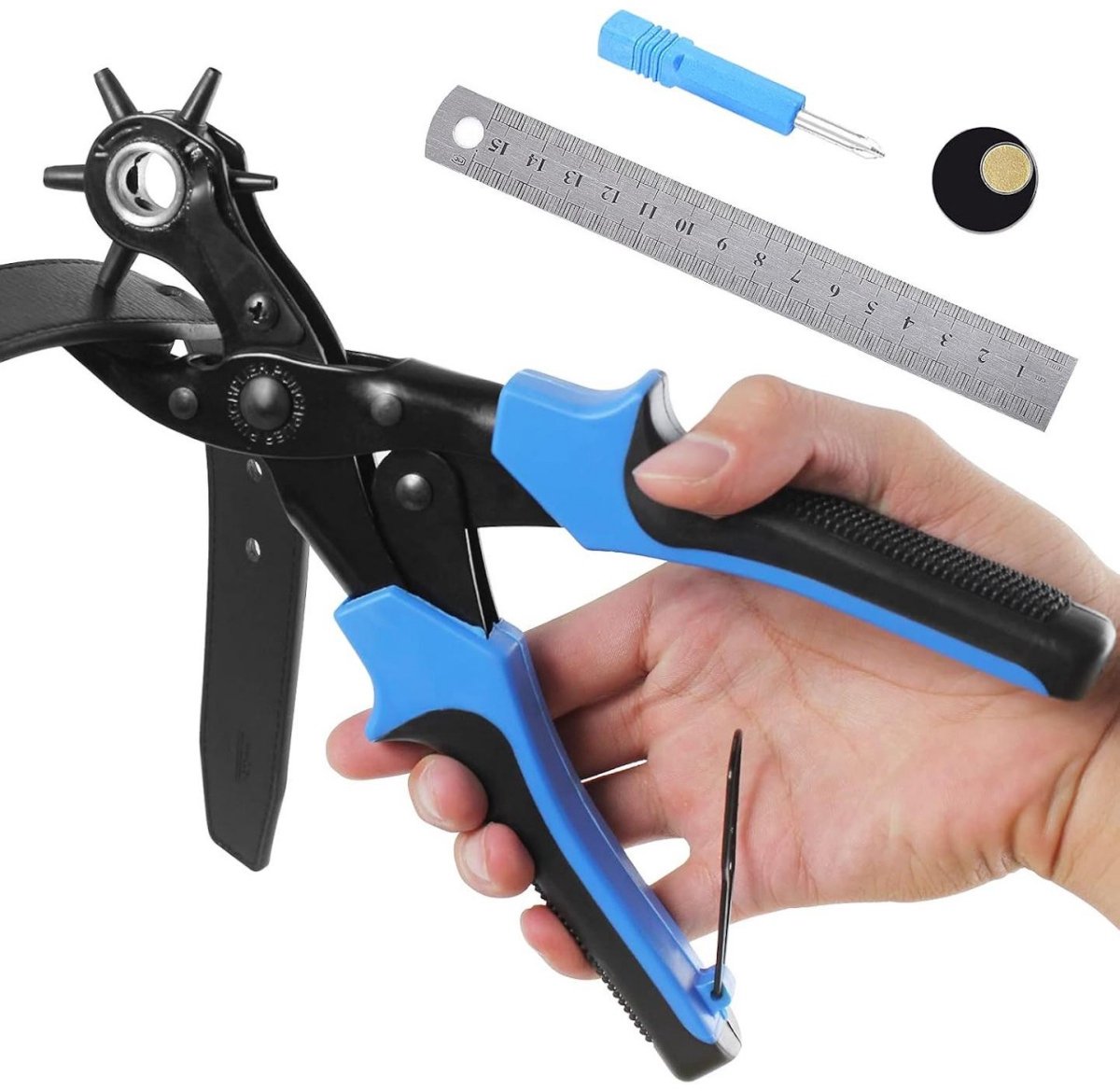 GELLDG Leerperforator - Riemperforator - Met comfortabele hendel - Stevige perforator - Inclusief 2 extra perforatieplaten en liniaal - Verkrijgbaar in verschillende maten - Geschikt voor riemen, knutselwerk, kaarten en rubberproducten