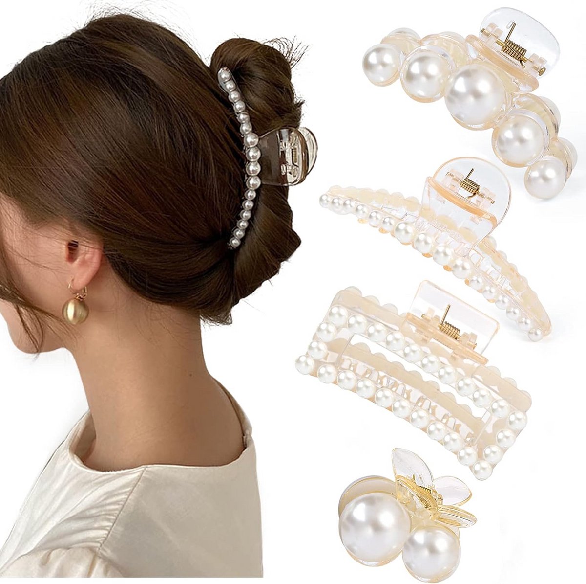Grote Parel Haarclips Set van 4 - Luxe Haarspeldklemmen voor Dik en Dun Haar