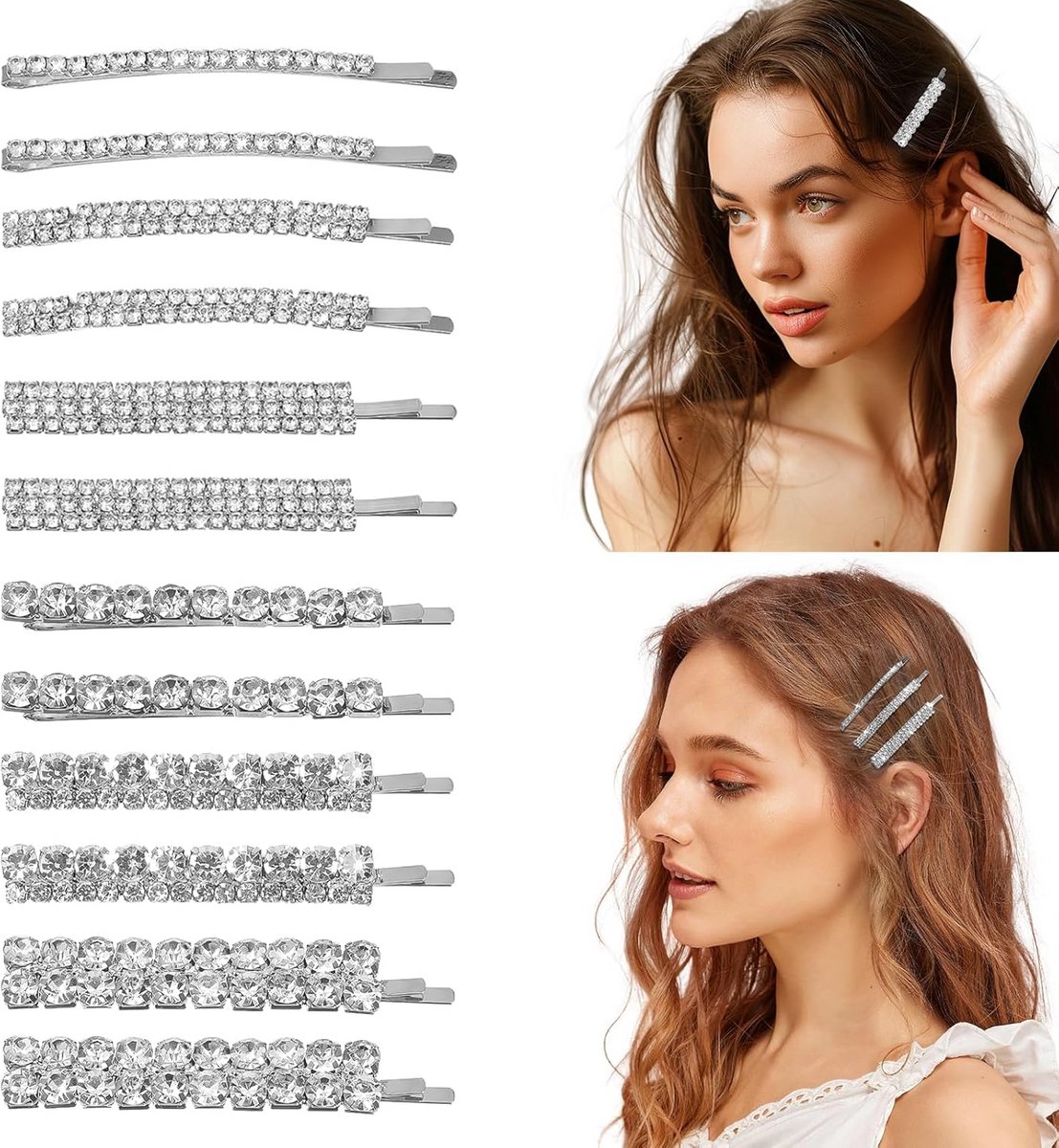 12 Stuks Zilveren Strass Haarspeldjes voor Bruiloft en Feest