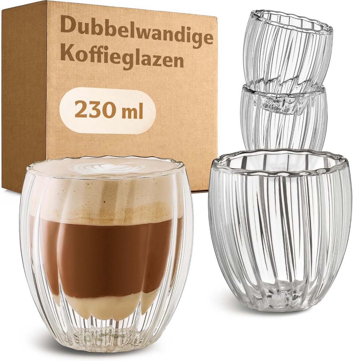 Set van 4 Dubbelwandige Glazen Cappuccino Kopjes (230 ml) - Isolerend en Hittebestendig