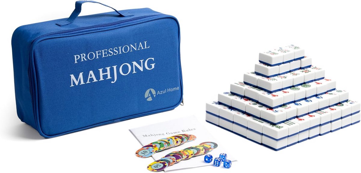 Complete Mahjong Spelset met 166 Grote Genummerde Tegels, Dobbelstenen en Pokerchips