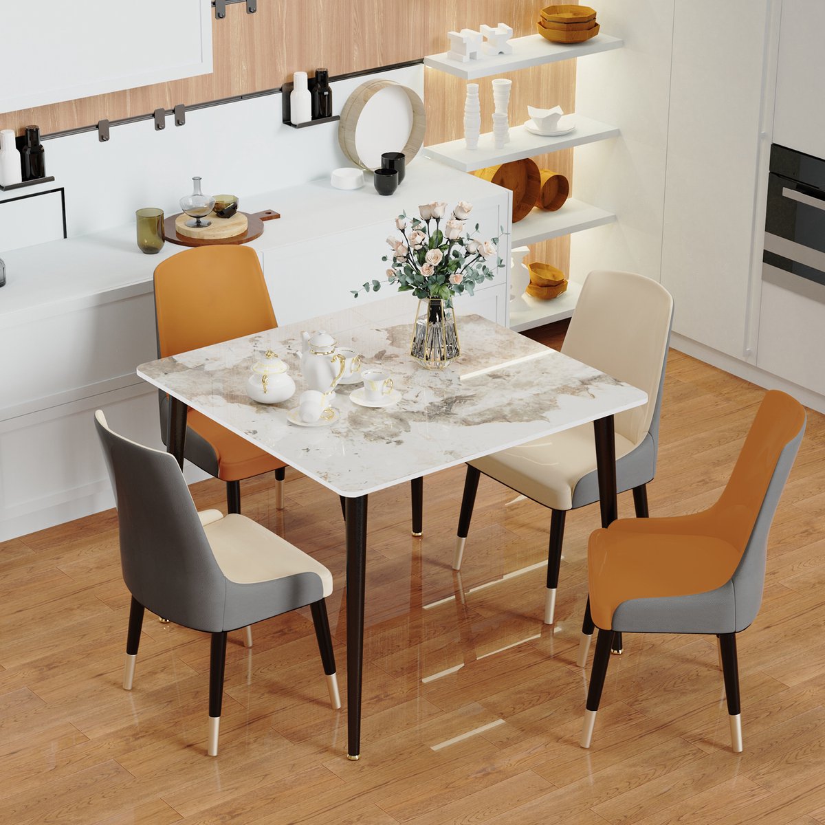FATIVO Vierkant Eettafel - Kleine Keukentafel - marmerlook - 80x80x76cm - Zwart metalen frame - Modern Tafel voor Eetkamer, Keuken, Woonkamer