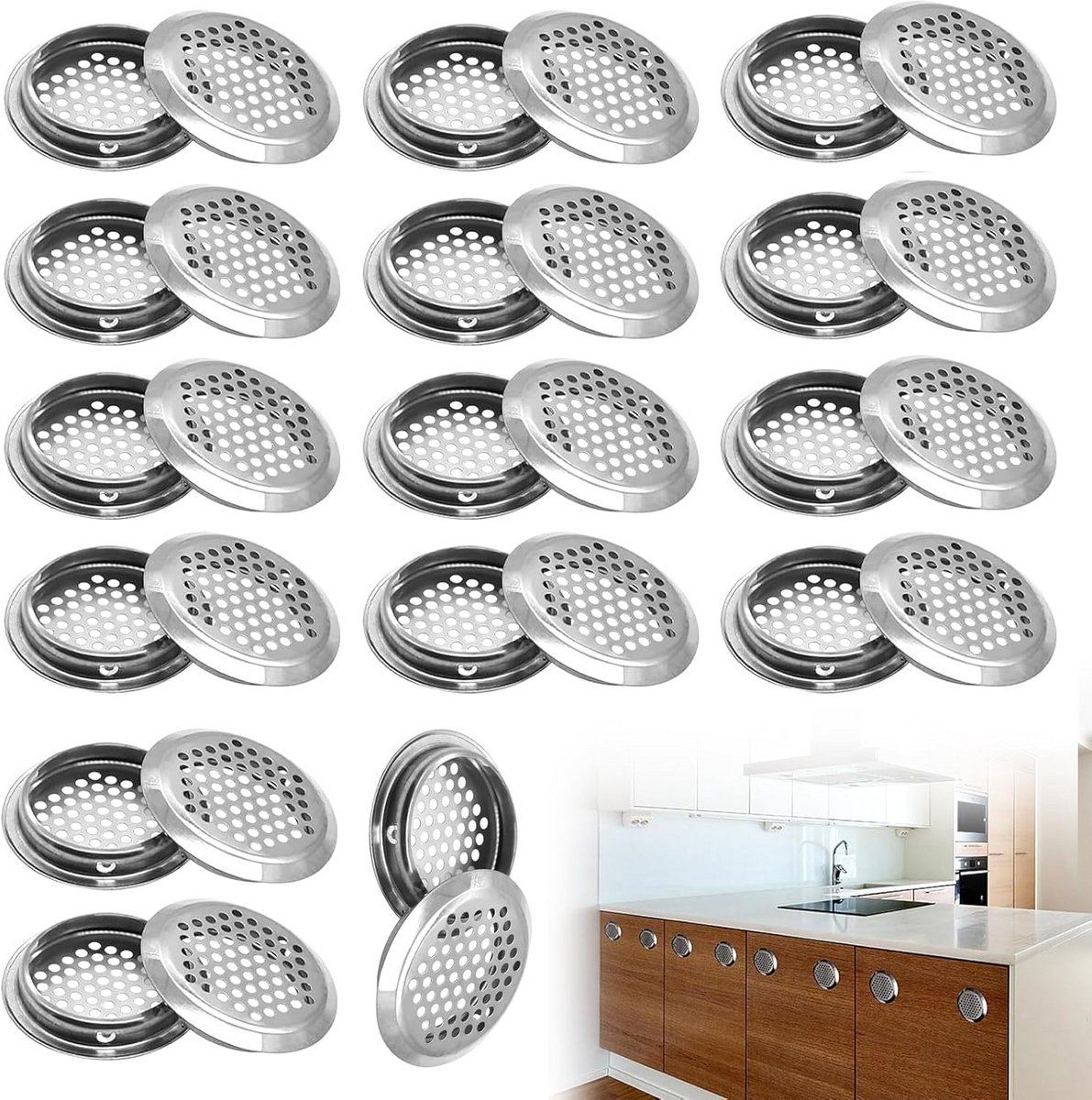 Ventilatierooster Rond - Ontluchtingsgat Kast - Meubel Ventilatie - Roestvrij Staal - 30 Stuks - Zilver