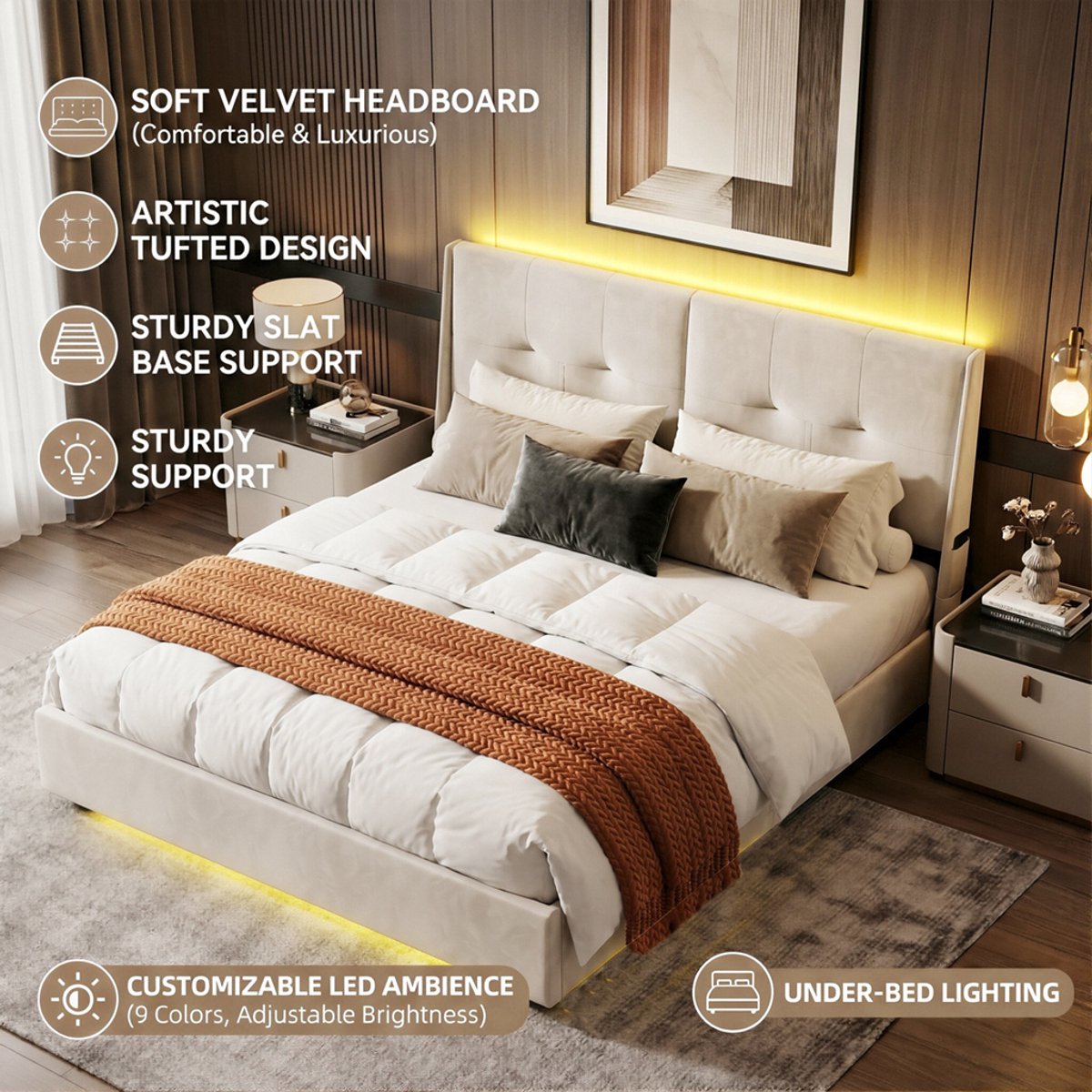 ADFBL Ottomaans Bed 140x200 Beige - Fluweel Bed met Opbergruimte, Dubbele LED & Zijvakken | Modern Design