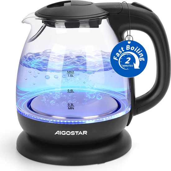 Aigostar Elfin 30IAX - Waterkoker glas - watekokers klein met LED - 1 Liter - Zwart